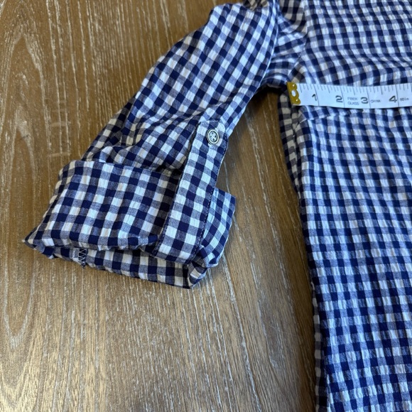 Kut From The Kloth Feena ButtonUp Roll Tab Textured Gingham Top Size M Navy Blue - Picture 7 of 13